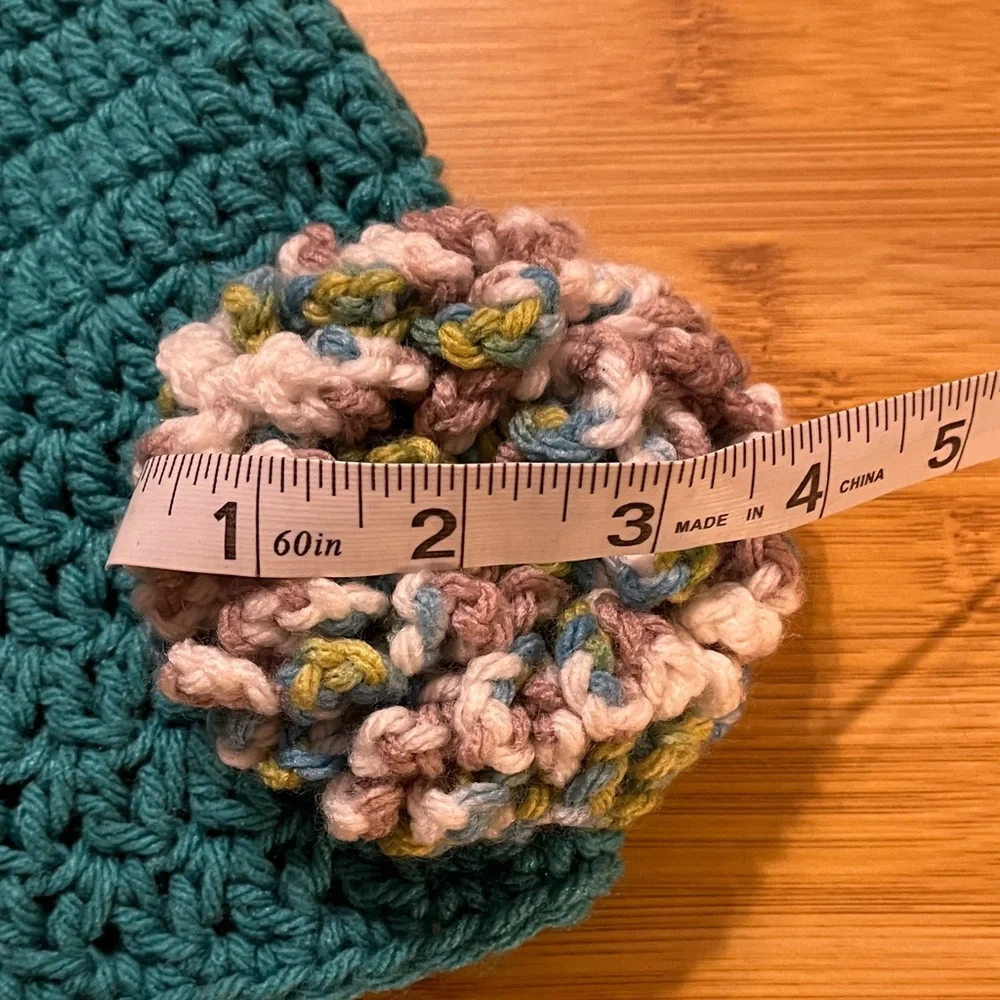 Handcrafted Teal Crochet Beanie with Multicolor Flower